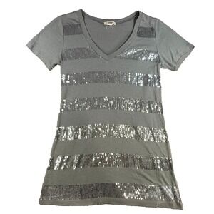Love‎ Rocks Womens Large Gray Sequin Stripe V Neck Short Sleeve Tunic Top Blouse